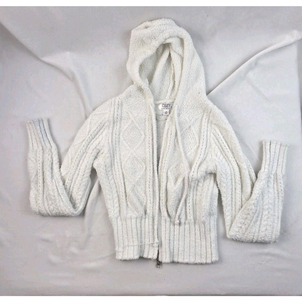 White Knit Hooded Zip-Up Sweater